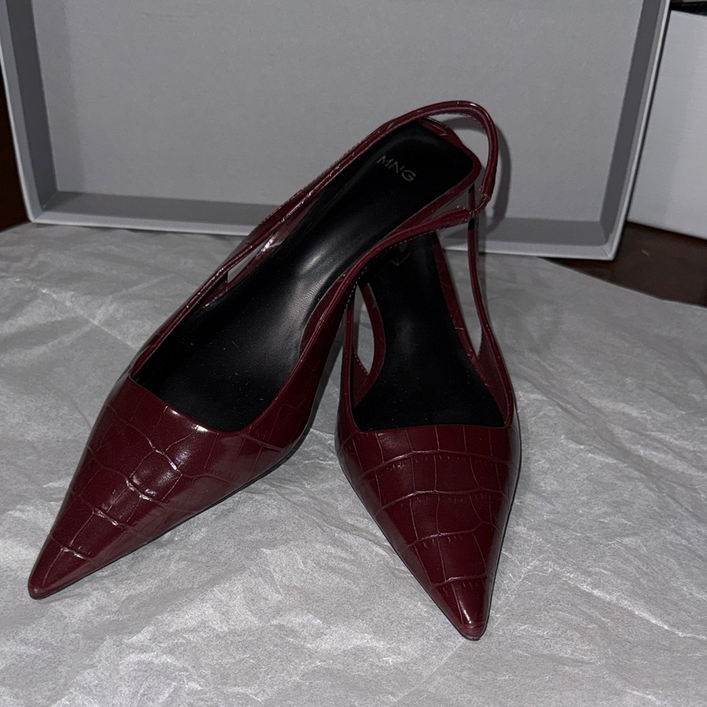 Mango Burgundy Croc-Embossed, Slingback Kitten Heels